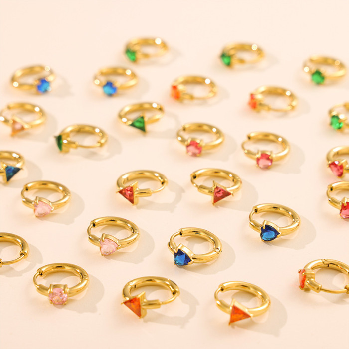 Cross-Border New Colorful Heart Round Triangle Zircon Earrings Titanium Steel Vacuum Plating Hoop Earrings High-End Gemstone
