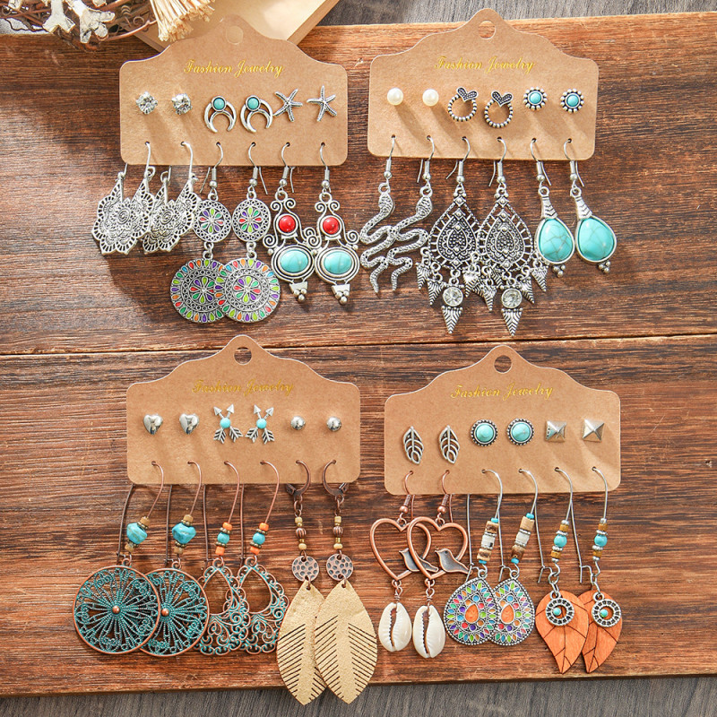 European and American Cross-Border Fashion Bohemian Style Vintage Silver Earrings Set Unique Ethnic Style Turquoise Earrings