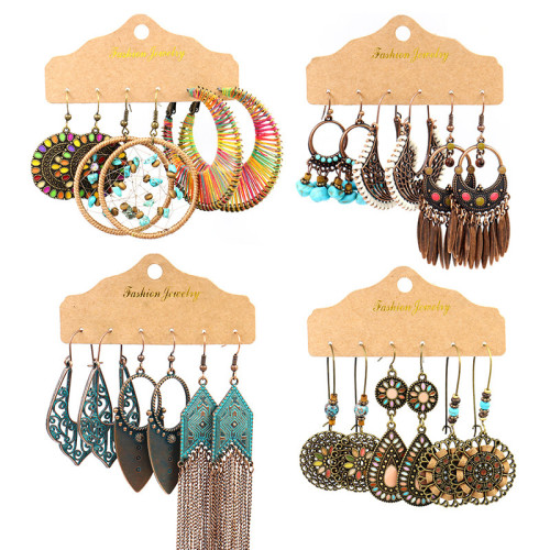 Vintage Earring Set Combination for Women Ethnic Style Round Metal Tassel Earrings Handmade Woven Accessories