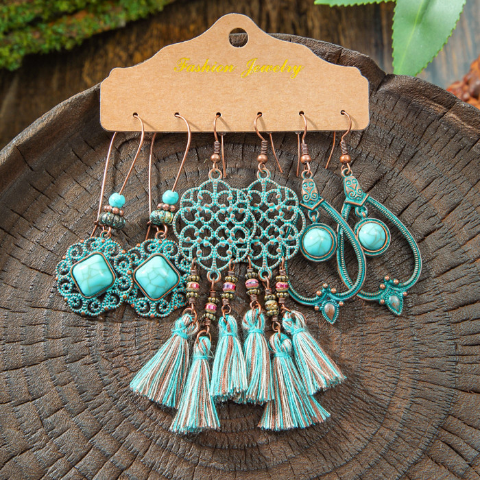 Hot Sale Vintage Distressed Ethnic Style Vacation Earrings Personality Bohemian Geometric Hollow Tassel Earrings Whol...