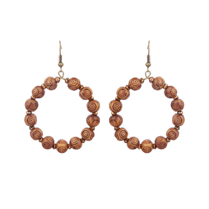 Cross-Border Amazon Tassel Earrings European and American Fashion Retro Wooden Beads Hand-Woven Geometric Hollow Wooden Earrings