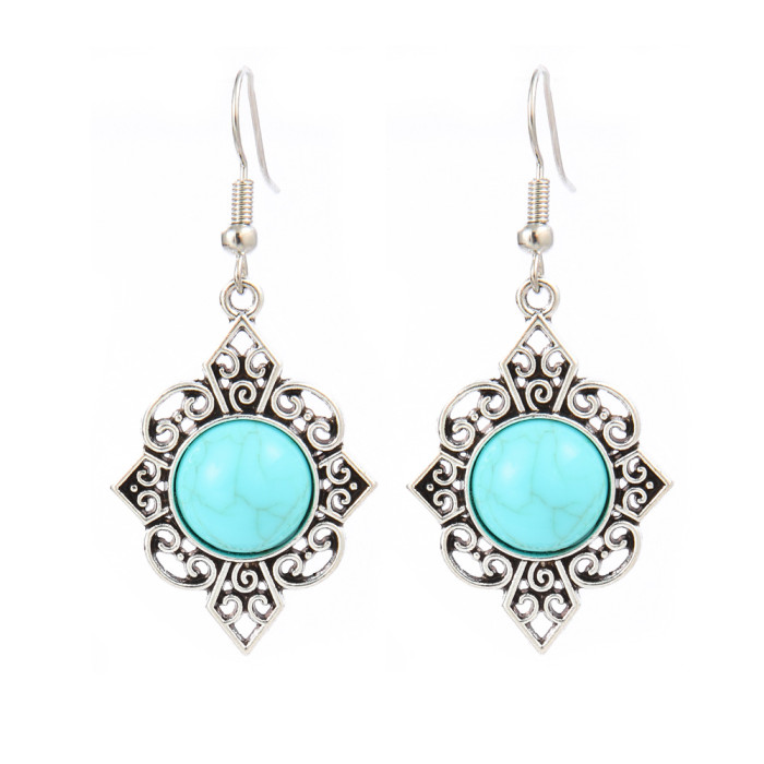 European and American Cross-Border Ethnic Style Earrings Silver Geometric Metal Turquoise Inlaid Tassel Earrings Amazon Ear Jewelry