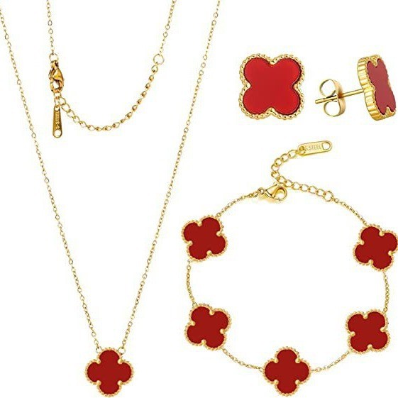 High-End Five-Flower Four-Leaf Clover Bracelet Lucky Light Luxury Double-Sided Shell Non-Fading Women's Necklace Earr...