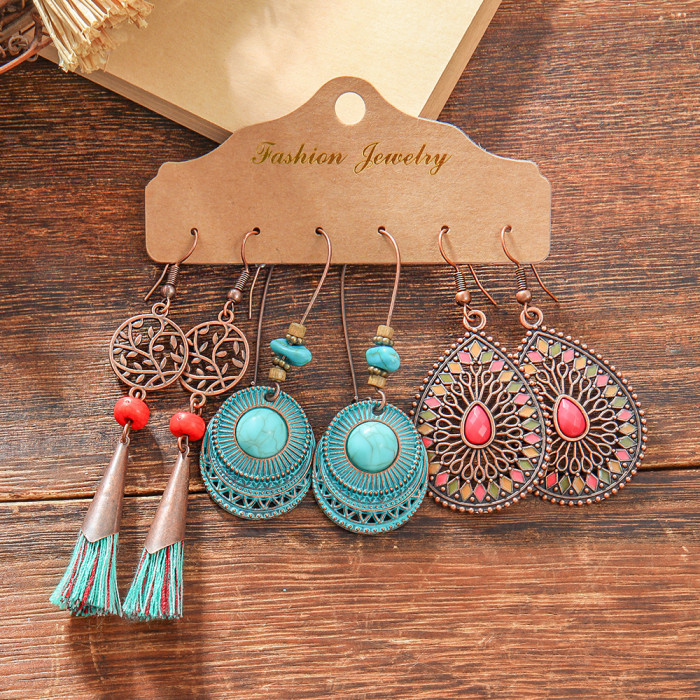 Fashion Bohemian Style Vintage Silver Earrings Set Unique Ethnic Style Turquoise Earrings, Jewelry Sets
