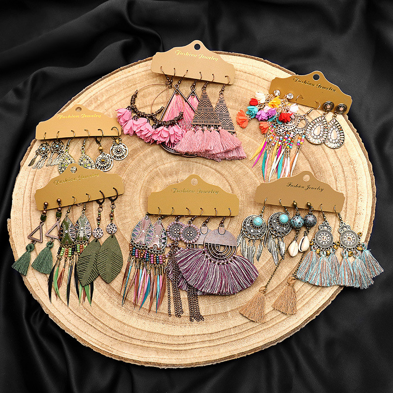 New Earrings Multi-piece Set Cross-border Hot Selling European and American Accessories Bohemian Style Tassel Flower Earrings Wholesale