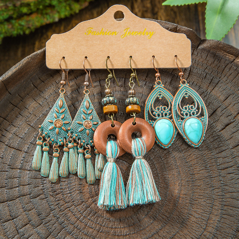 Cross-Border Hot Sale Vintage Distressed Ethnic Style Vacation Earrings Personality Bohemian Geometric Hollow Tassel Earrings Wholesale