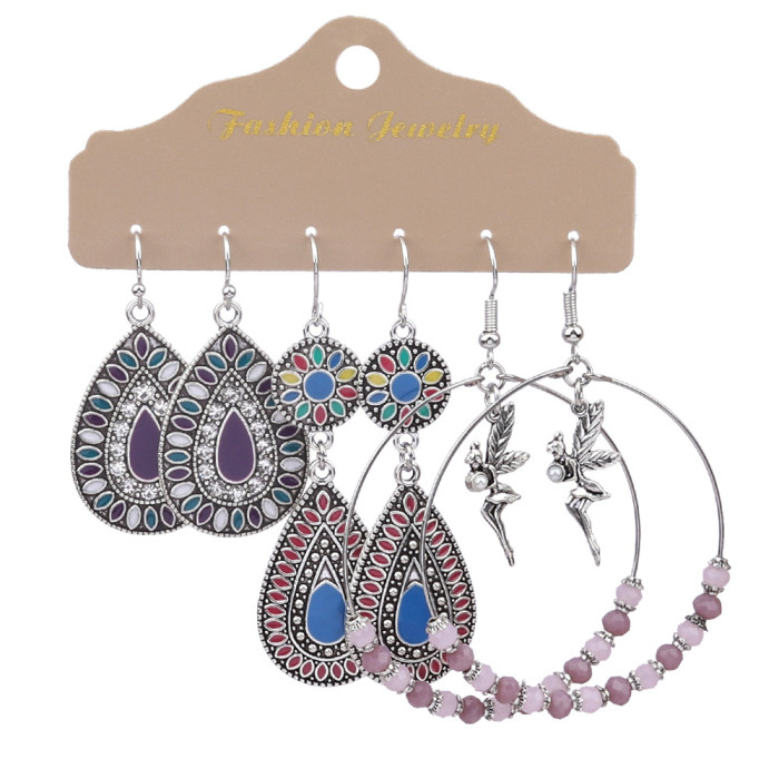Earrings Three-Piece Set Wholesale Jewelry Metal Accessories Water Drop Shape Oil Drop Earrings Jewelry Set Combination