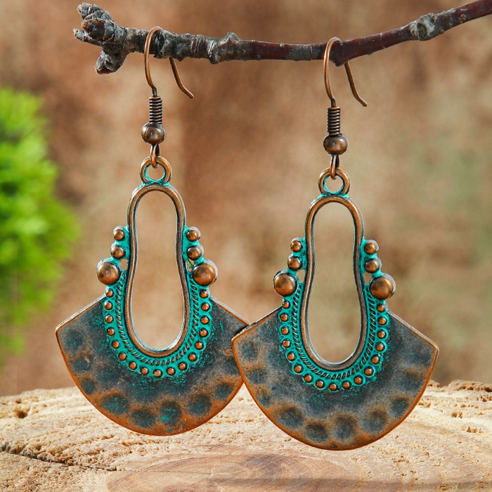 Amazon Retro Ethnic Style Earrings Bohemian Turquoise Studs Heart Hollow Leaf Cross-Border Ear Jewelry