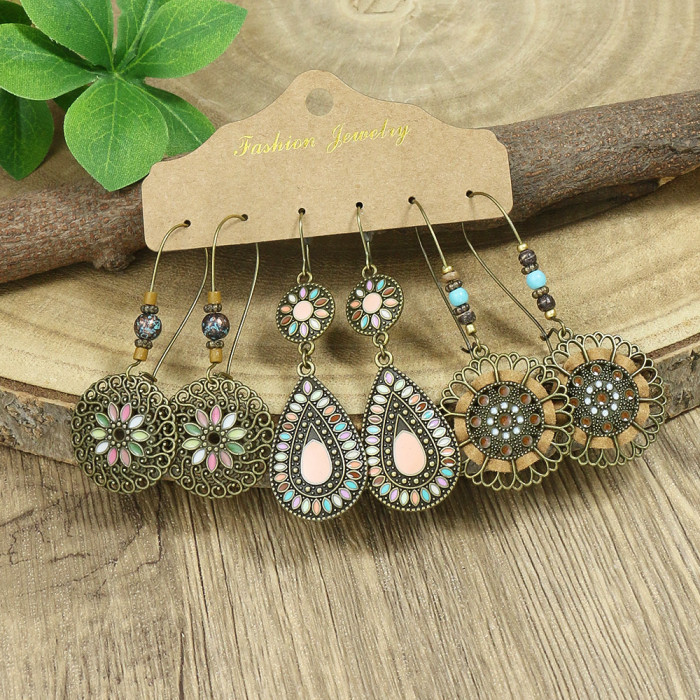 Vintage Earrings Bohemian Large Circle Leaf Long Tassel Earrings Distressed Earrings Set for Women, Jewelry Sets
