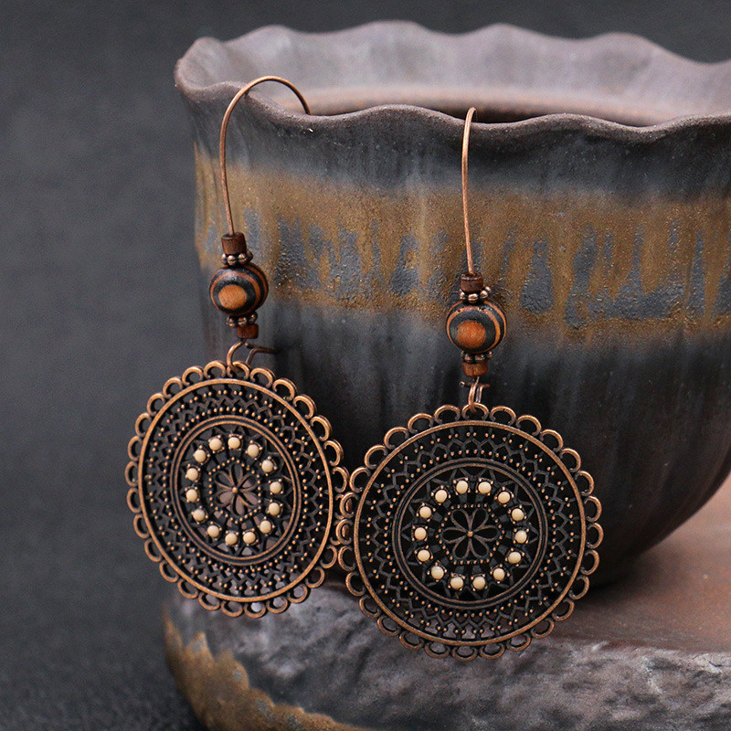 Cross-Border Amazon Hot-Selling Earrings European and American Retro Fashion Round Flower Rhinestone Wooden Bead Ethnic Style Drop Earrings