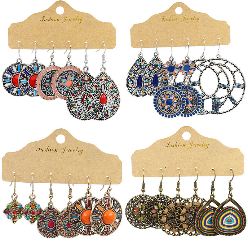 European and American Style Personality Accessories Combination Earrings Set Bohemian Flower Hoop Earrings Round Oil Drop Earrings Wholesale
