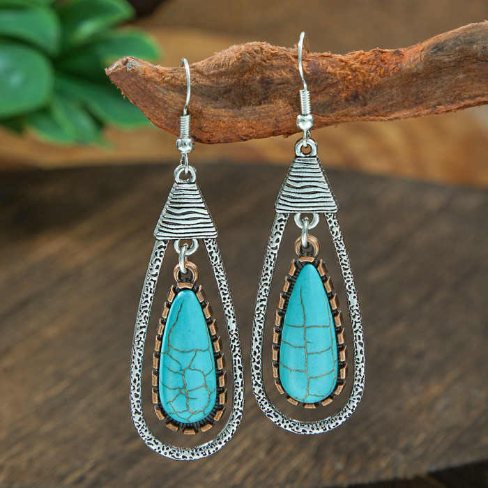New Hot Selling Bohemian Style Turquoise Earrings Vintage Creative Personality Alloy Texture Earrings Wholesale