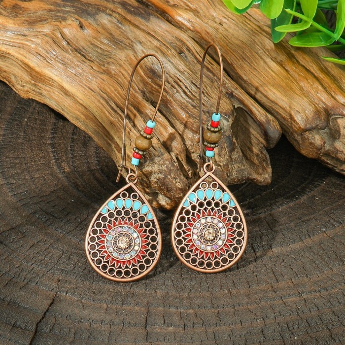 Cross-Border European and American Fashion Hollow Alloy Earrings Set Vintage Colorful Earrings with Rhinestone Flower Accessories Combination