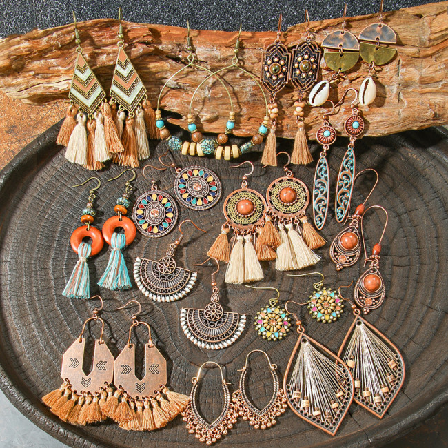 Original Design Retro Ethnic Style Geometric Earrings Yunnan Travel Vacation Style Personality Creative Earrings Yiwu Wholesale
