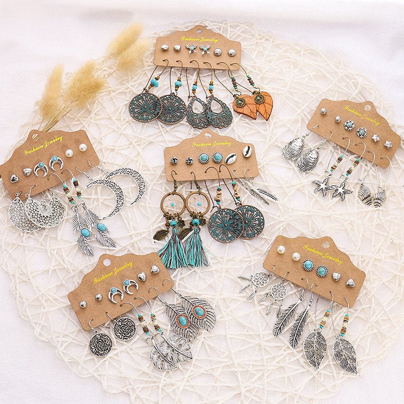 European and American Earrings Set Cross-Border Amazon Vintage Earrings Long Tassel Leaf Feather Ethnic Style Earrings