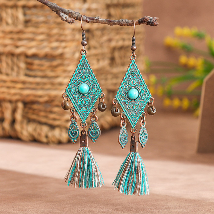 Cross-Border Source Vintage Handmade Tassel Earrings Rhombus Alloy Simple Fashion Turquoise Earrings Wholesale Long Style