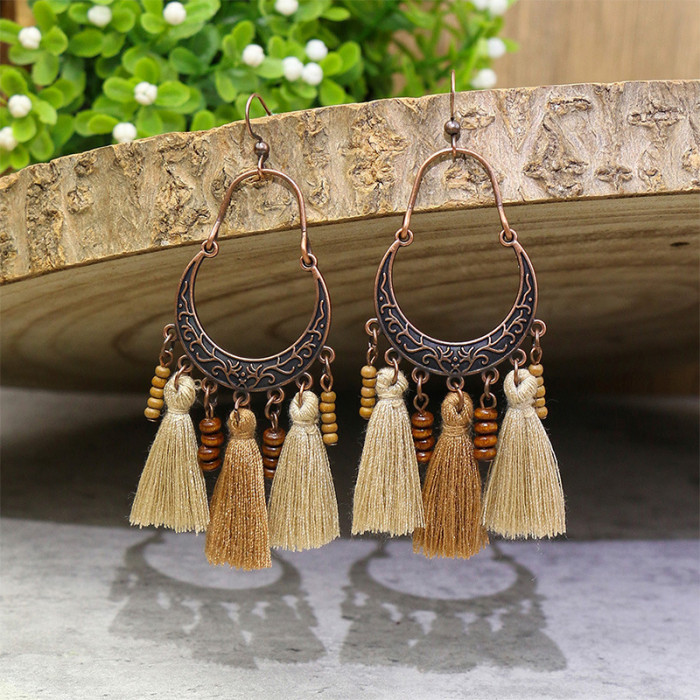 Cross-Border Amazon Tassel Earrings European and American Fashion Retro Wooden Beads Hand-Woven Geometric Hollow Wooden Earrings