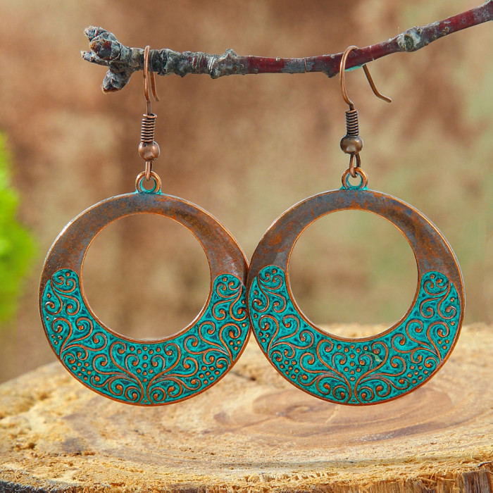 Amazon Retro Ethnic Style Earrings Bohemian Turquoise Studs Heart Hollow Leaf Cross-Border Ear Jewelry