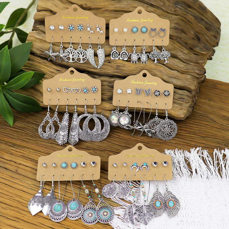European and American Creative Alloy Inlaid Diamond Hollow Oil Drop Earrings Travel Vacation Earrings Vintage Ethnic Style Stud Earrings Wholesale