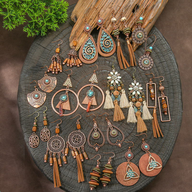 Amazon Cross-Border Jewelry Wholesale Fashion Retro CCB Personality Alloy Geometric Earrings Vacation Style Wooden Drop Earrings