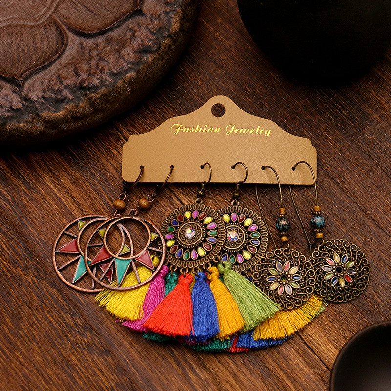 European and American Fashion Tassel Earrings Personality Exaggerated Hoop Earrings Multi-piece Set Versatile Accessories Factory Direct Sale