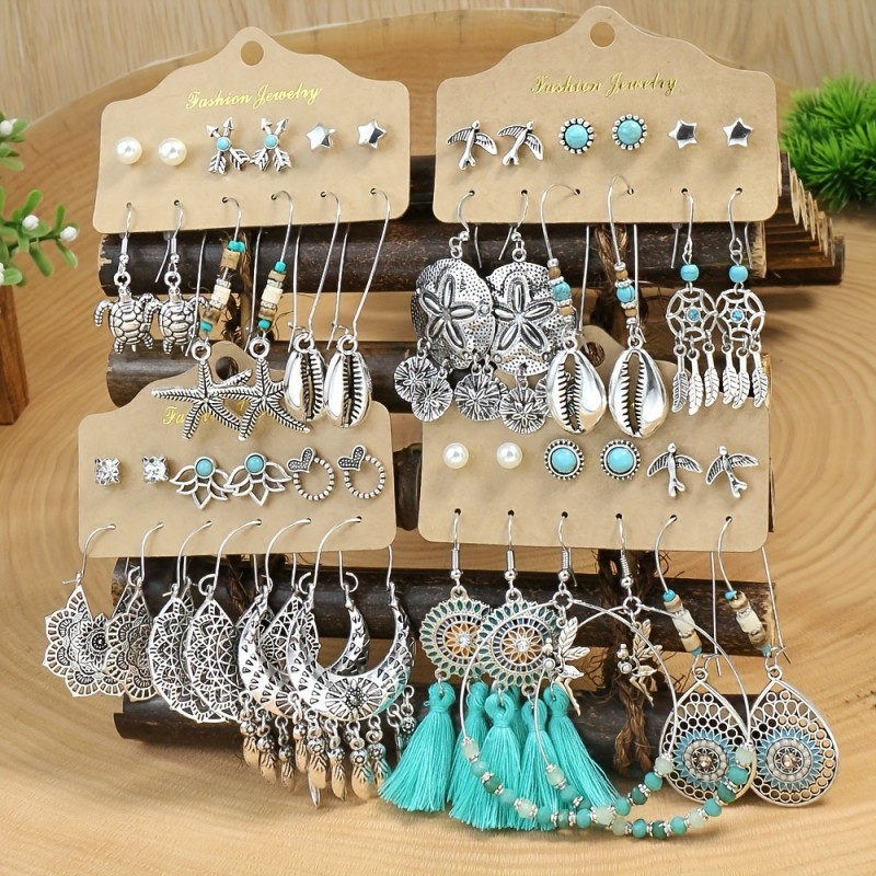 Vacation Style Tassel Earrings Beach Ethnic Style Metal Texture Earrings Women Starfish Shell Hoop Earrings Multi-piece Set
