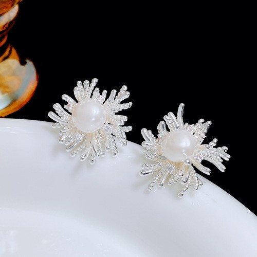 Super Sparkling Snowflake Fireworks Copper Earrings Niche Versatile High-end Earrings Korean Sweet Girly Hot-selling Ear Accessories
