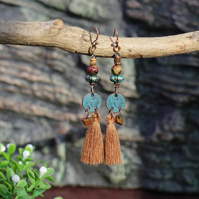 European and American Fashion Round Earrings for Women Ethnic Style Tassel Leather Shell Long Earrings Cross-Border Trendy Manufacturer Wholesale