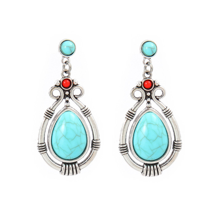 New Fashion Retro Palace Earrings for Women, Unique Turquoise Accessories, Creative Water Drop Alloy Earrings, Wholesale Jewelry