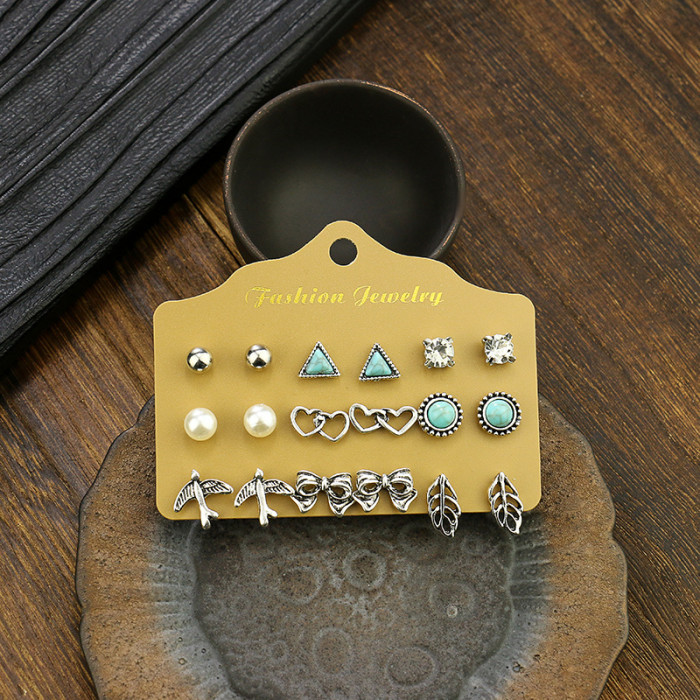 Korean Style Earrings Multiple Pairs One Card Female Silver Color Heart Leaf Turquoise Accessories Set Combination Je...