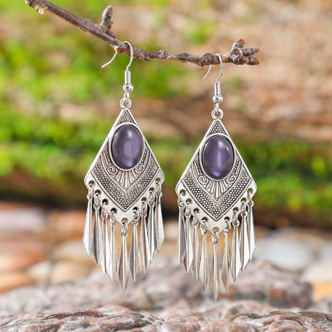 Cross-Border Hot Sale European and American Fashion Rhombus Alloy Earrings for Women Creative Retro Turquoise Earrings Tassel Drop Earrings Wholesale