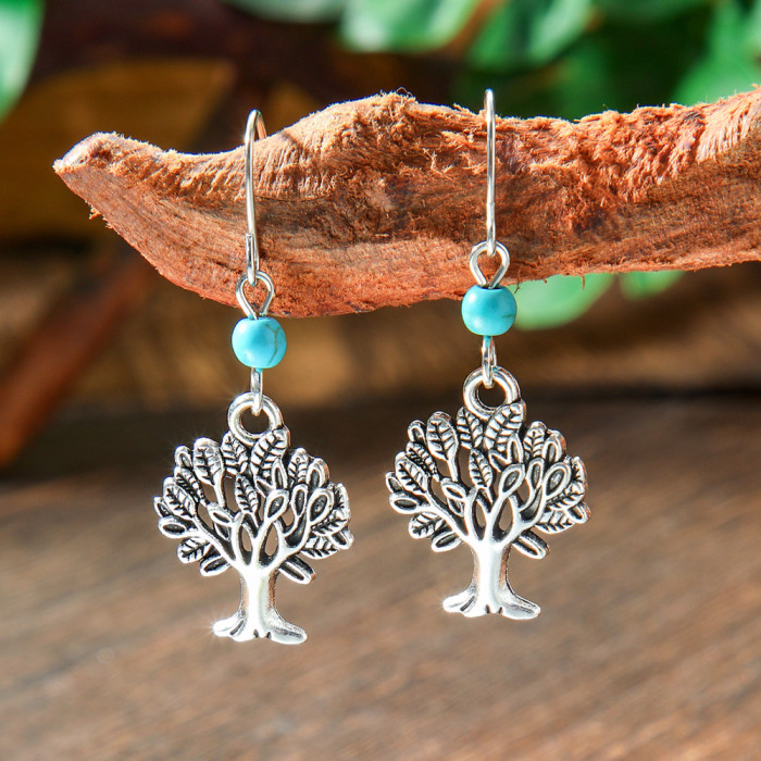 Cross-border European and American New Style Earrings Silver Geometric Metal Turquoise Drop Earrings Bohemian Personality Ear Jewelry Wholesale