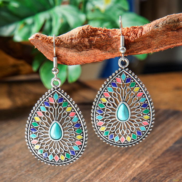 New Hot Selling Bohemian Style Turquoise Earrings Vintage Creative Personality Alloy Texture Earrings Wholesale