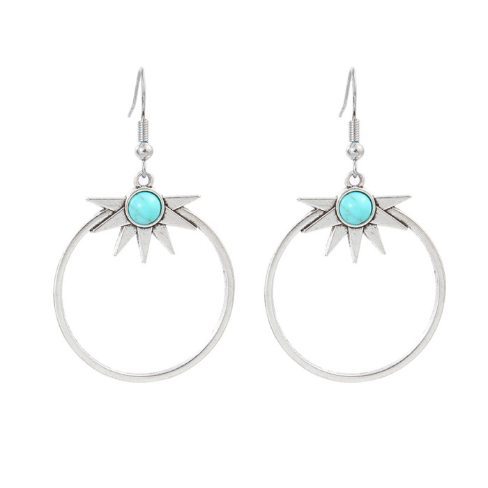 European and American Cross-Border Ethnic Style Earrings Silver Geometric Metal Turquoise Inlaid Tassel Earrings Amazon Ear Jewelry