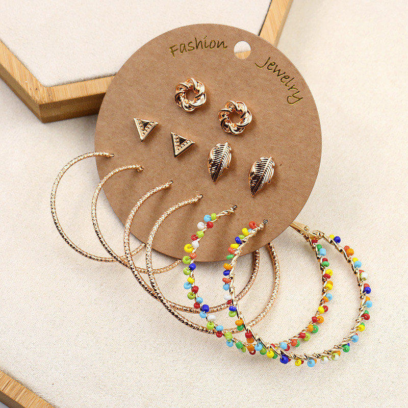 European and American Cross-Border New Earrings Bohemian Gold Large Hoop Tassel Earrings Stud Set 6 Pairs Wholesale
