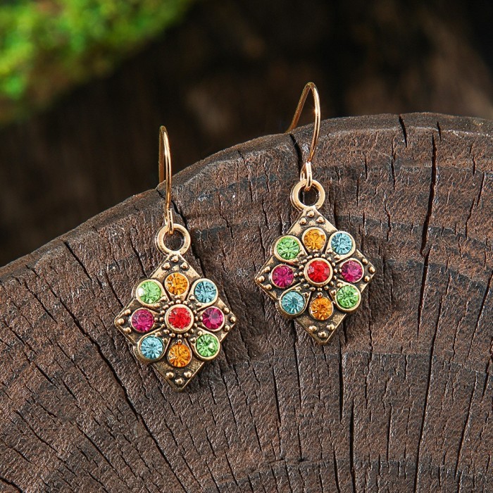 Cross-Border European and American Fashion Hollow Alloy Earrings Set Vintage Colorful Earrings with Rhinestone Flower Accessories Combination