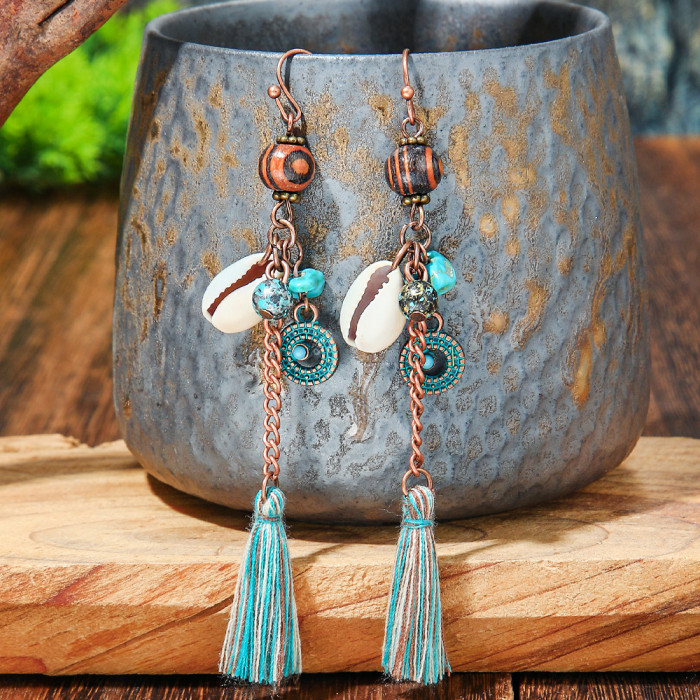 Cross-Border Ethnic Style Earrings Set Exaggerated Versatile Retro European and American Hot-Selling Alloy Geometric Turquoise Tassel Earrings