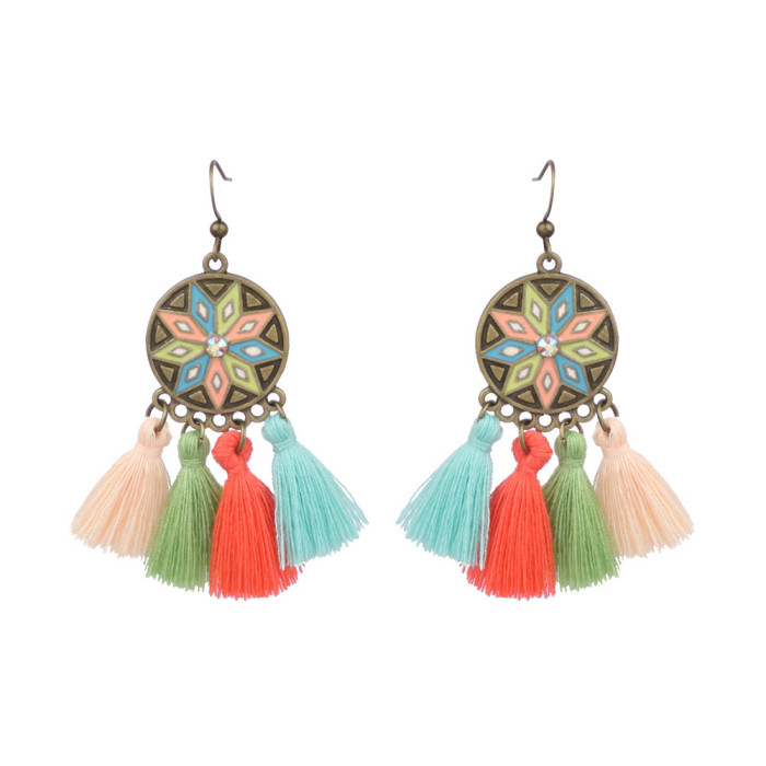 Ethnic Style Geometric Earrings for Women Vintage Tassel Handmade Woven Hollow Earrings Cross-Border European and American Tassel Accessories