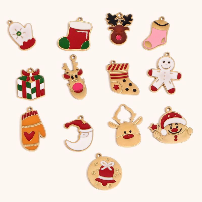 European and American Cross-Border Santa Claus Cute Cartoon Pendant Stainless Steel 14K Gold Plated Reindeer Snowman Sock Accessories