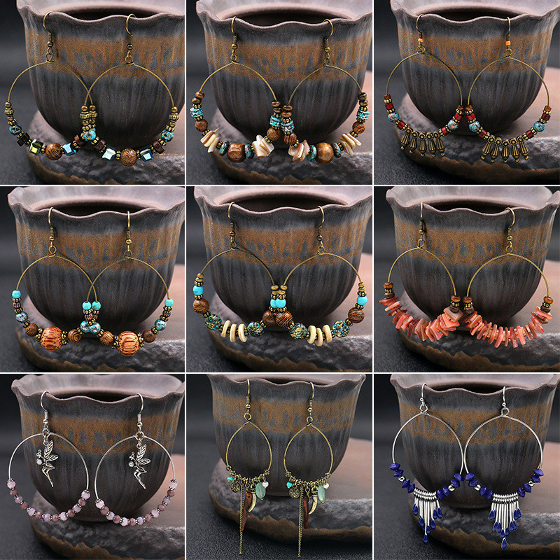 European and American Hot-Selling Large Circle Earrings for Women, Vintage Handmade Beaded Wooden Beads Shell Earrings, Bohemian Style Ear Jewelry