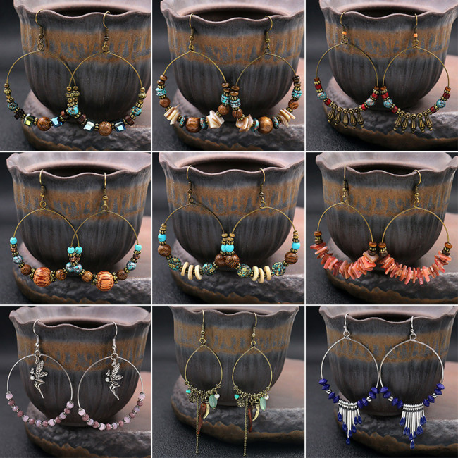 European and American Hot-Selling Large Circle Earrings for Women, Vintage Handmade Beaded Wooden Beads Shell Earrings, Bohemian Style Ear Jewelry