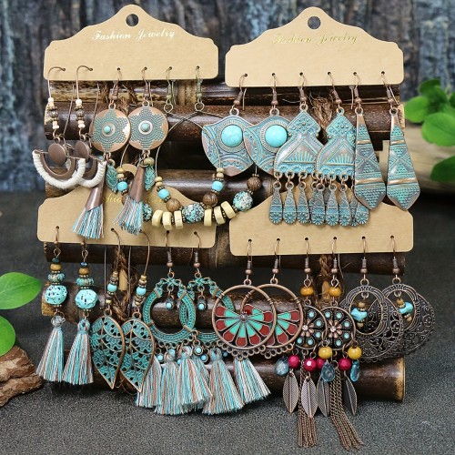 Amazon New Wholesale Hot Selling Retro Ethnic Style Earring Set Geometric Hoop Chain Earrings