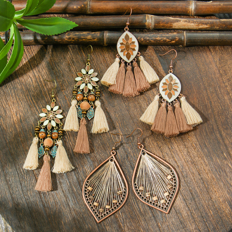 Cross-Border Hot Selling Retro Bohemian Style Earrings Niche Forest Style Handmade Woven Tassel Earrings Manufacturer Wholesale