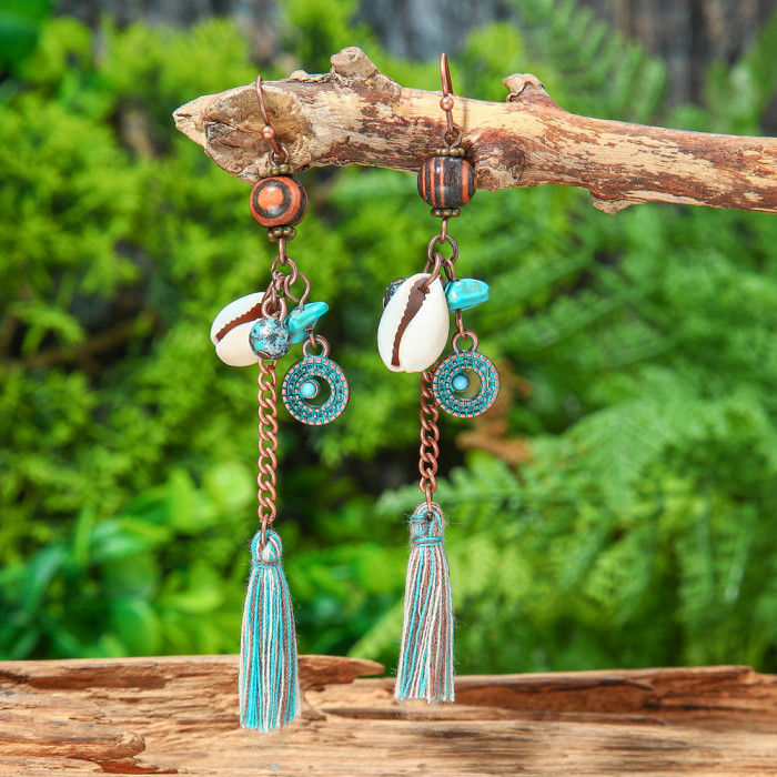 Cross-Border Ethnic Style Earrings Set Exaggerated Versatile Retro European and American Hot-Selling Alloy Geometric Turquoise Tassel Earrings