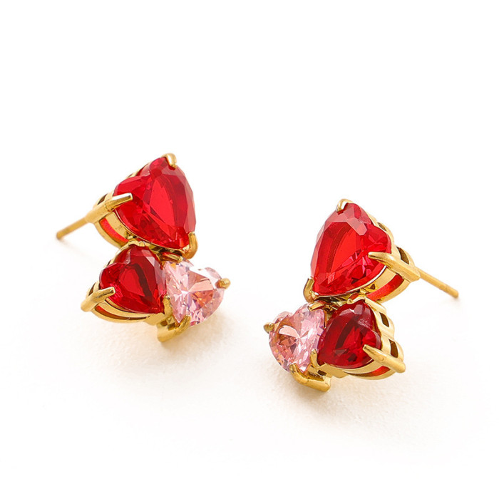 Zircon Heart Earrings High-End Colorful Claw Inlaid Diamond Peach Heart Titanium Steel Powder Cast High-End Light Luxury Color-Block Earrings