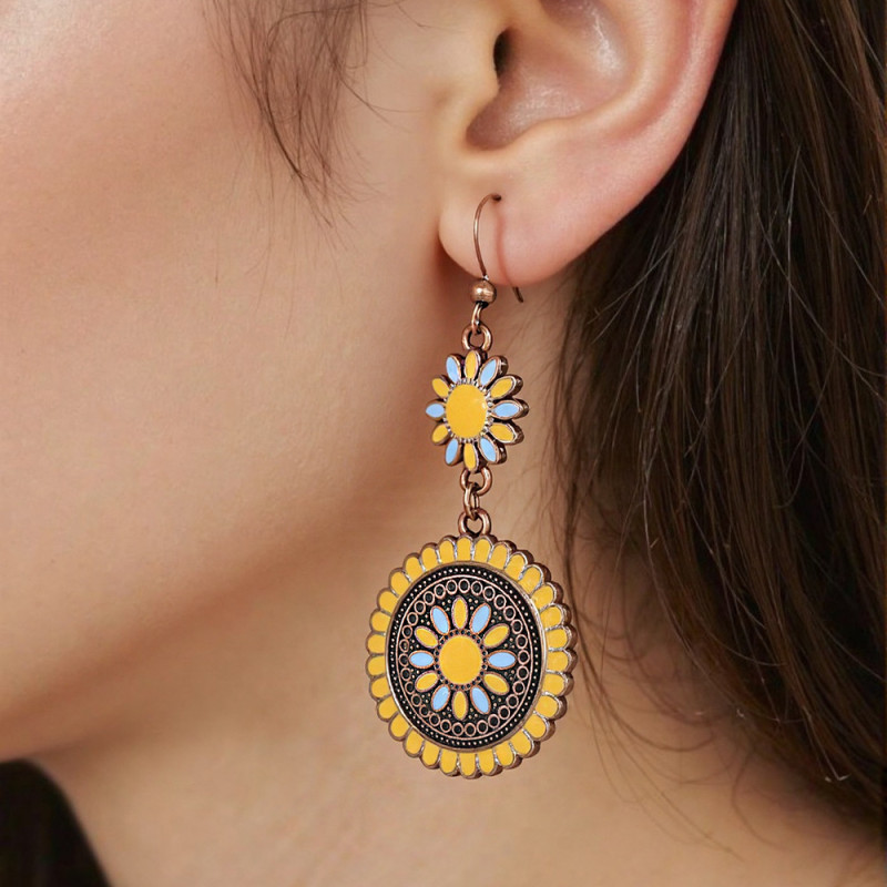 Amazon Exclusive Long Vintage Sunflower Earrings European and American Cross-Border Colorful Oil Drop Yunnan Vacation Earrings Wholesale