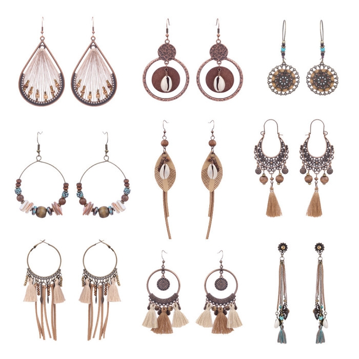 Amazon Bohemian Earrings Rice Bead Shell Long Tassel Earrings Large Hoop Earrings Jewelry Set