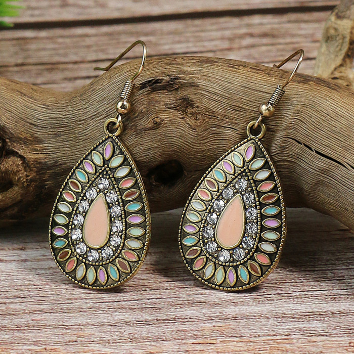 European and American INS Hot-Selling Bohemian Earrings Colorful Oil-Drip Round Elegant Earrings Foreign Trade Exquisite Point Diamond Jewelry
