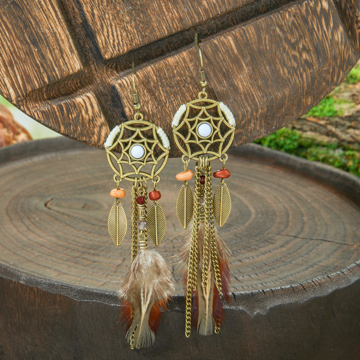 Vintage Fashion Bohemian Style Handmade Tassel Earrings Original Design Heart-shaped Geometric Earrings Feather Drop...