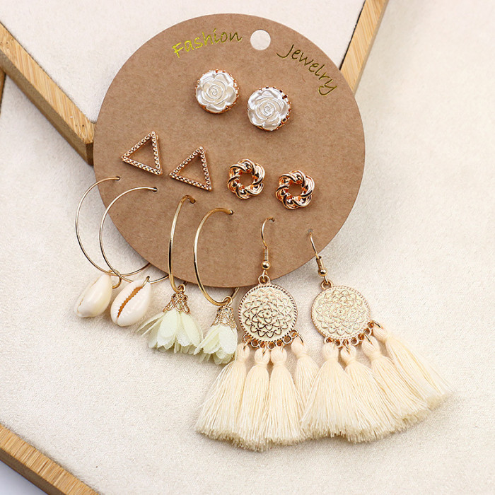 New Earrings Bohemian Gold Large Hoop Tassel Earrings Stud Set 6 Pairs Wholesale, Jewelry Sets